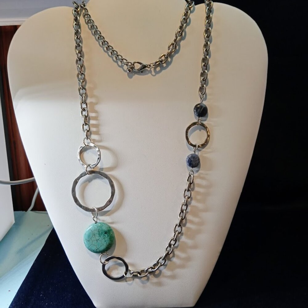 VTG 36"L Station Element Necklace by Etienne Aigner Silver Tone Rings Stones